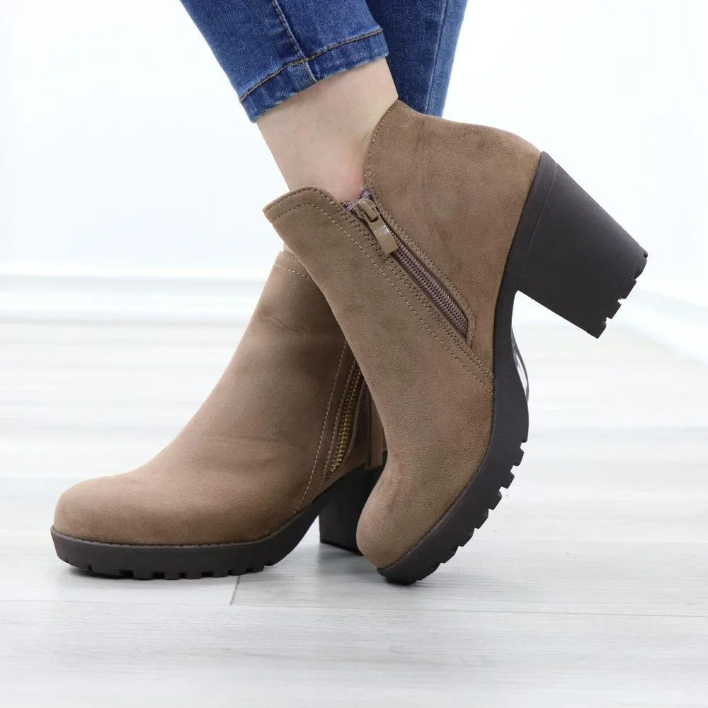 Taupe Suede Lug Chunky Heel Ankle Boots - Picture 11 of 12